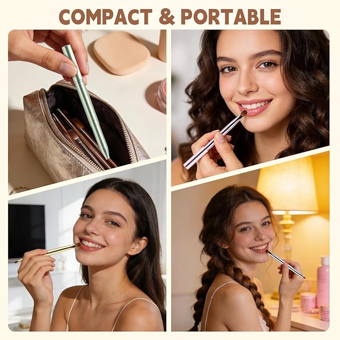 Lip Brush Kabuki Makeup Brush Set, Dual-ended Lip Brushes for Lipstick + All-in-One Foundation Kabuki Brush, Retractable Makeup Brush with Cover for Lip Gloss, Powder Blush, Flawless Cosmetics(Gold)