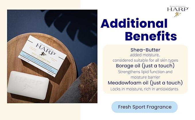 HARP® Fresh Sport Body Wash Bar – pH Balanced (5.0–6.0) Syndet Cleanser, Soap-Free & No Lye, Non-Comedogenic, Gentle for Sensitive & Dry Skin, With Shea Butter & Borage Oil