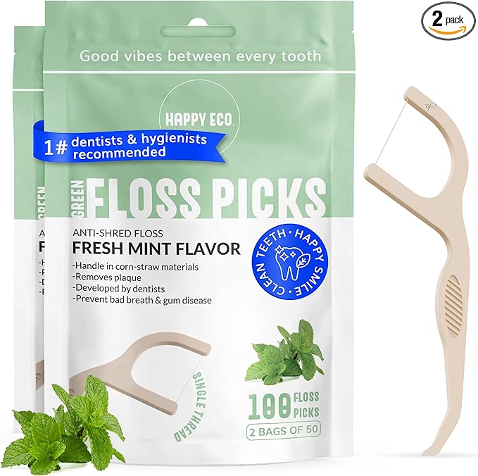 Dental Floss Picks (100pcs) - Flossers for Adults, Vegan Corn-Straw Handle, Superior Oral Care & Anti-Shred Thread, Dental Hygiene, Tooth Pick Sticks, Teeth & Gum Health (Mint, Single Thread)