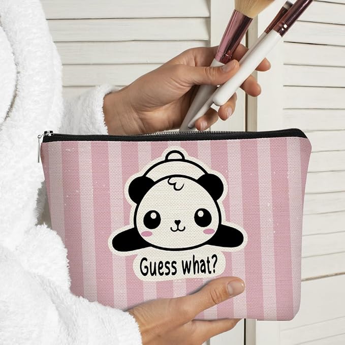 BARPERY Panda Gifts Makeup Bag for Women Girls, Cute Baby Panda 'Guess What It's Pug Butt' Cosmetic Case for Teens Daughter, Accessories (Pink Stripe)