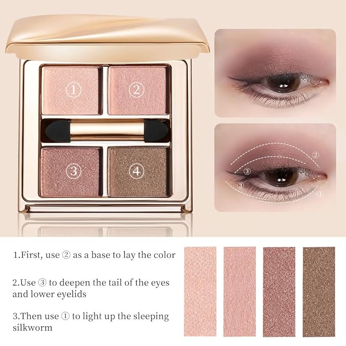 Nude Rose Shimmer Eyeshadow Palette,4 Soft Pearl Shades — Champagne, Nude Rose, Rosy Taupe & Mocha Brown, High Pigment Long-Lasting Satin Eye Makeup for Natural Everyday Glow,Paleta de Sombras de Ojos