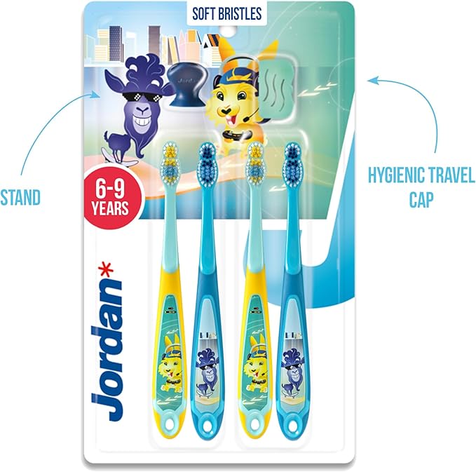 Jordan* ® | Step 3 Toothbrush for Children | Toothbrush for Ages 6 to 9 Years | Soft Bristles, Double Ergonomic Handle & BPA-Free | Blue & Green | Pack of 4
