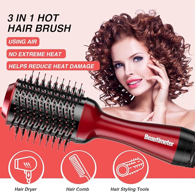 Beautimeter Blow Dryer Brush, Hot Air Brush One Step Hair Dryer and Styler Volumizer, 4 in 1 Negative Ionic Hair Styler with Oval Barrel for Smooth, Frizz-Free Hair Types, Red & Black