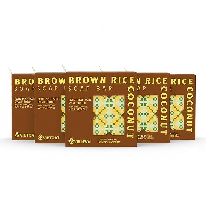 VIETNAT Brown Rice & Coconut Milk Soap Bar (Pack of 5) – 2-in-1 Exfoliating & Moisturizing Handmade Soap, Cold Process Bar with Brown Rice & Coconut Oil, Made in Vietnam