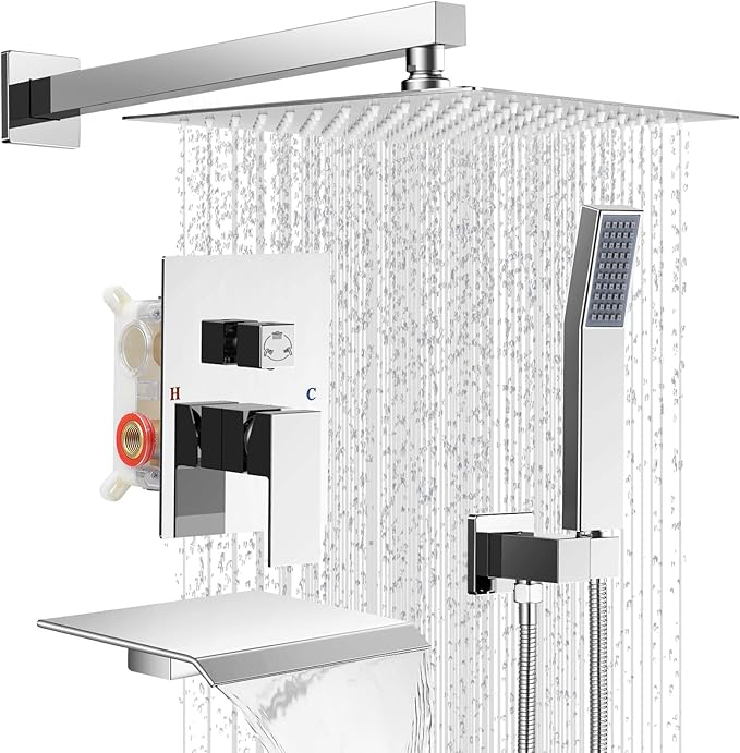 IUERASD Rain Shower Faucet Set Wall Mounted Rainfall with Tub Spout Shower Head System Rough-in Valve Body and Trim Included Chrome (10 Inches)