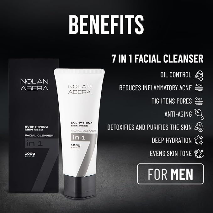 ABERA Nolan Daily Facial Cleanser for Men, Niacinamide + Zincsebum + Soy & Rice Bran Extract, Oil Control & Pore Purifying Face Wash, Refreshing Gentle Cleanser for All Skin Types (3.38 fl oz)