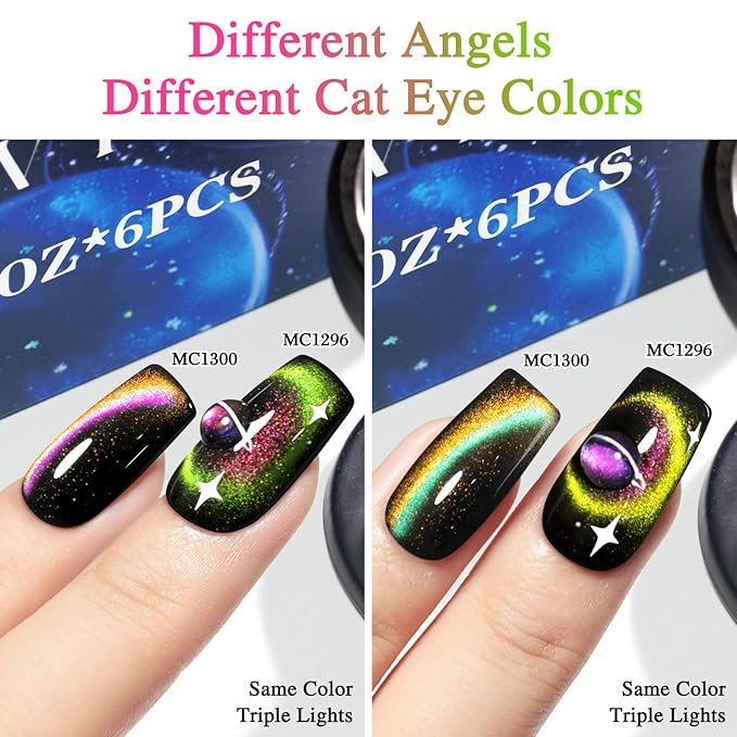 Double Rhythm Cat Eye Gel Nail Polish Set of 6 Same Color Same Bottle 0.5 Oz Shimmer Glitter with Magnet Holographic Reflective Magnetic UV Nail Polish Kit at Home (Holographic Rainbow-T6-88)