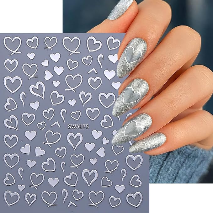 Heart Nail Stickers for Nail Art 3D Self-Adhesive Gold Silver Red Hearts Nail Decals Valentine Heart Nails Art Sticker Holiday DIY Manicure Decoration Accessories for Women 6 Sheets