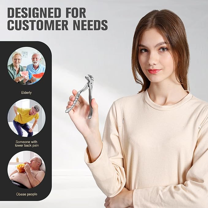 FERYES Ergonomic Non-Slip Long Handle Nail Clippers for Seniors, Unique Angled Head Curve Wide Jaw Opening Toenail Clipper with Catcher for Thick Toenails and Fingernails