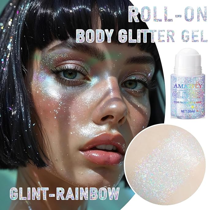 Roll-on Holographic Body Glitter Gel for Face and Hair, Chameleon Color Changing Glitter Gel Under Light, Chunky Mermaid Sequins Shimmer Makeup for Halloween Party Rave Accessories (Glint-Rainbow)