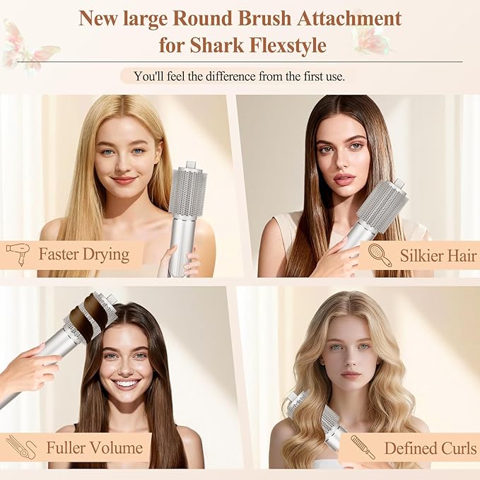 Upgraded Large Round Volumizing Brush for Shark FlexStyle Attachment, Big Barrel Round Brush Compatible with Shark Flex Style, Fast Blowouts Smooth Bends Full Volume Tool for All Hair Type