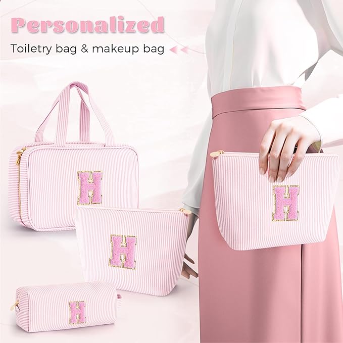 Fystdtote Personalized Initial Cute Toiletry Bag Pouch Make Up Bags Travel Cosmetic Makeup Bag for Girl Girlfriend Wife Teacher Mom Her 16th 17th 18th Birthday Gifts - Pink H