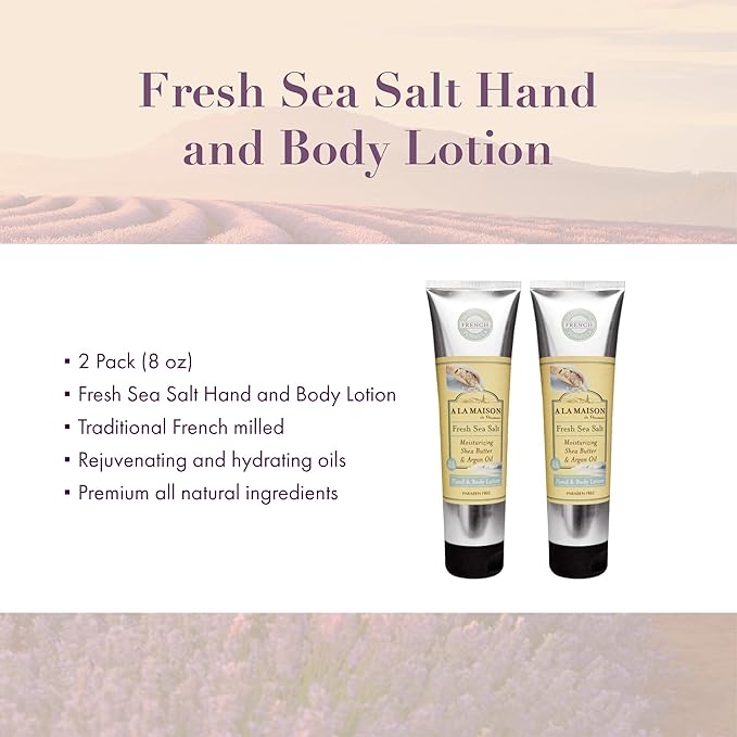 A LA MAISON Moisturizing Lotion, Fresh Sea Salt - Uses: Hand and Body, Argan Oil, Pure Shea Butter, Essential Oils, Plant Based, Cruelty-Free, SLS and Paraben Free (8 Oz, 2 Pack)
