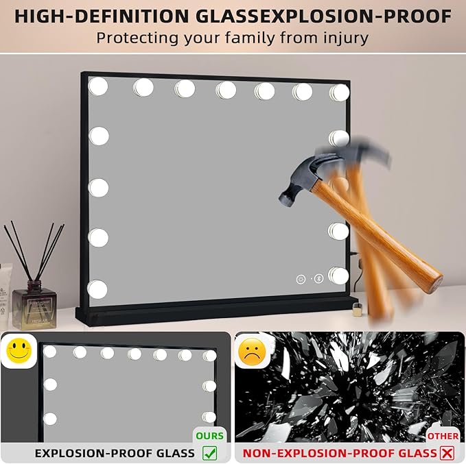 Fenair Vanity Mirror with Lights 22.8"x 18.1" Makeup Mirror with Lights and Speaker 15 Dimmable Bulbs,3 Colors Modes,Hollywood Mirror with USB Charging and 10X Detachable Magnification Mirror（Black）