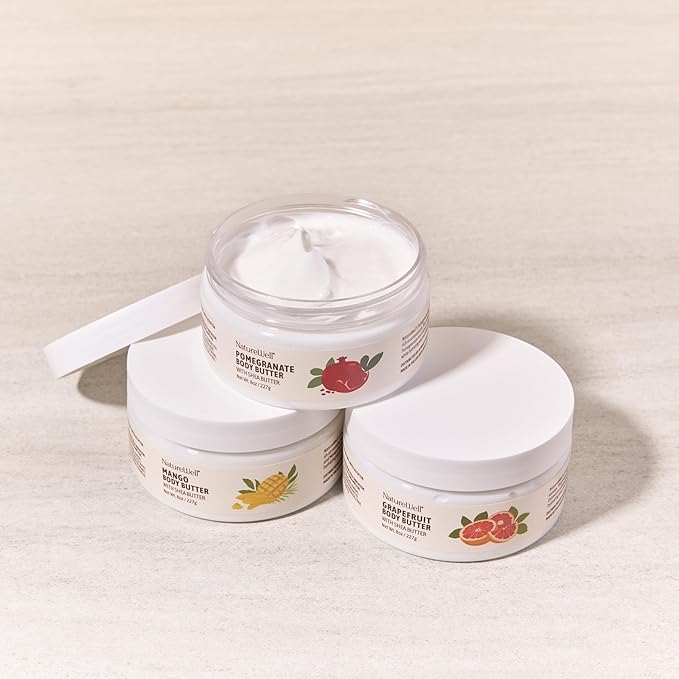 NATURE WELL Shea Body Butter Variety Pack, Includes Grapefruit, Mango, & Pomegranate, Provides Ultimate Nourishment & Hydration, 3 Pack (8 Ounces Each)