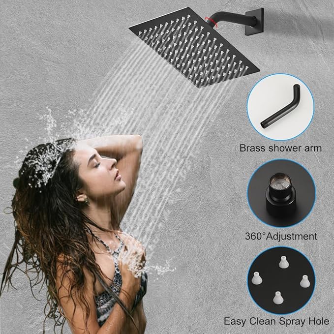 YCAIKOI Matte Black Shower System, 8 Inch High Pressure Rain Shower with Handheld, Wall Mount Shower Faucet Set for Bathroom, Rough-in Valve Body and Trim Included