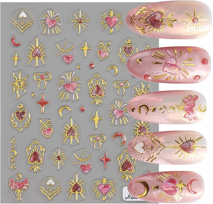Stars Moon Nail Art Stickers Self-Adhesive Gold Stars Moon Hearts Nail Decals Designs Holiday French Tip Nail Sticker Valentine DIY Manicure Decoration Supplies Accessories for Women
