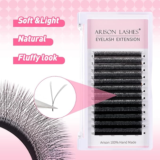 Arison Lashes 3D W Shape Eyelash Extension Natural Soft Volume Premade Fans Faux Mink Matte Black Cluster 12 rows(3DW-0.07-D-13mm)