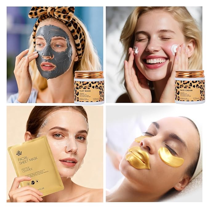 32 Pcs Valentines Day Gifts for Women, Leopard Facial Skin Care Set, Spa & Self-Care Kit, Bath and Body Gifts, Lip Oil, Face Sheet Mask, Serum, Birthday, Christmas, Mothers Day