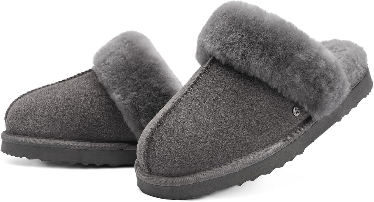 Parfeying Women's Shearling Slippers Genuine Leather with Rubber Sole, Sheepskin Fuzzy Indoor Outdoor Shoes for Home
