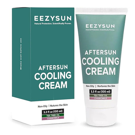 EEZYSUN AfterSun Cooling Cream | Vegan AfterSun Care with Aloe Vera, Tea Tree Oil, & Chamomile to Soothe, Hydrate, & Repair Sunburn | Dermatologically Tested 3.3 FL OZ