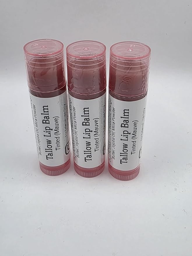 Tallow Lip Balm (3 Pack) (Tinted Mauve) Handmade Grass Fed Beef Tallow Lip Balm with Nourishing Oils