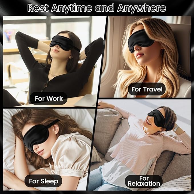 CroYumert 100% Pure Mulberry Silk Eye Mask - 22 Momme Adjustable Strap, Light Blocking, Silk Storage Bag & Gift Box - for Sleep/Travel/Gift, Sensitive Skin Friendly (Black)