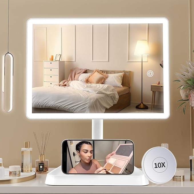 FUNTOUCH Large Makeup Vanity Mirror with Lights, Rechargeable Lighted Desk Makeup Mirror with 96 LED Lights and 10x Magnifying Mirror, 3 Color Lighting, Light up Make up Mirror with Phone Holder
