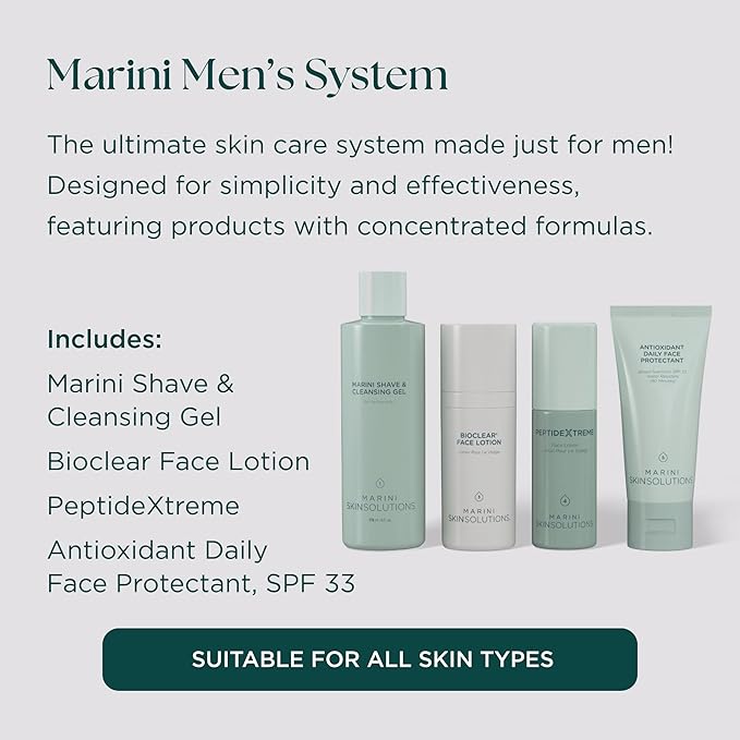 Marini SkinSolutions Men’s System - Cruelty Free - Includes Shave & Cleansing Gel, Bioclear Face Lotion, PeptideXtreme, and Antioxidant Daily Face Protectant SPF 33 - Made in the USA