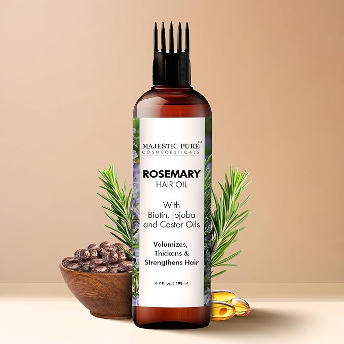 Majestic Pure 100% Pure Rosemary Oil with Biotin for Hair Care, Strengthening, Nourishing, and Volumizing Formula with Jojoba Oil and Castor Oil - Non GMO Verified, 198 ml