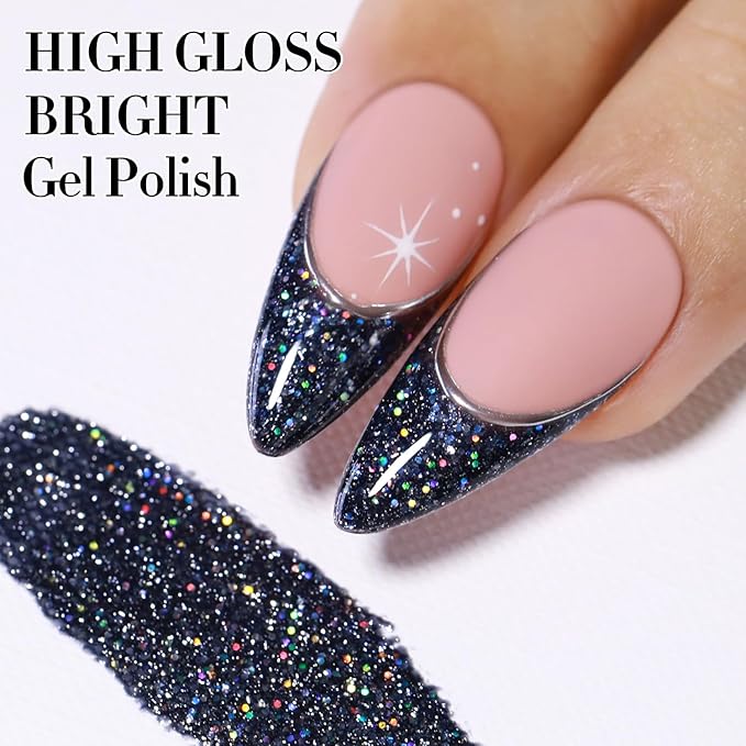 Double Rhythm Gel Polish 15ML Glitter Shimmer Reflective Holographic Color Magnetic for Nail Art Salon DIY at Home (Black-B1020)