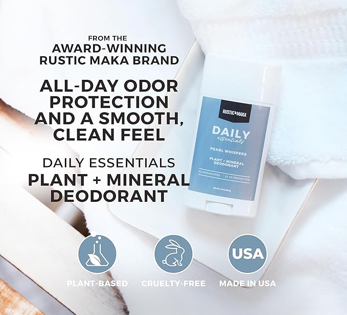 Rustic MAKA Plant + Mineral Deodorant Stick for Women - Pearl Whispers | Strong Odor Control | No Added Aluminum, No Added Parabens, No Added Baking Soda | Long-Lasting Protection