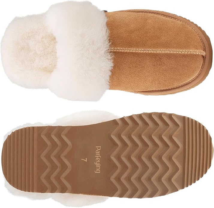 Parfeying Women's Shearling Slippers Genuine Leather with Rubber Sole, Sheepskin Fuzzy Indoor Outdoor Shoes for Home