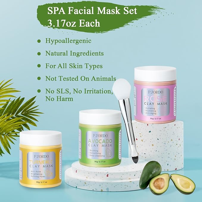 Pjordo 3 Pack clay mask, Turmeric Vitamin C, Avocado, Rose clay mask for face, Face Mask Skin Care for Deep Cleaning Reduce Blackheads Dark Spots, Valentines Day Gifts Set for Women, 3.17 Oz Each