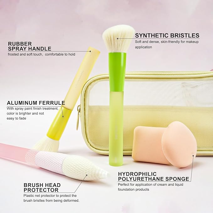 LULUCOLORS 18-Pcs Makeup Brush Set for Beginners - Travel-Friendly with Soft Arthritis-Friendly Handles & Non-Shedding Bristles | Includes Storage Bag, Eyeshadow Brushes & Sponges (Multi-Color)