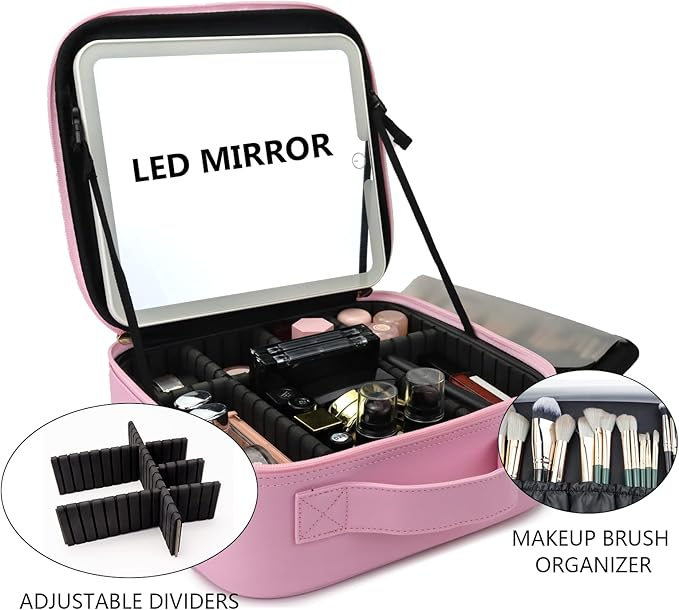 SLUMAZI Travel Makeup Bag with LED Mirror Travel Makeup Organizer with 3 Lighted Settings, Adjustable Dividers and Makeup Brush Storage Bag Light Pink