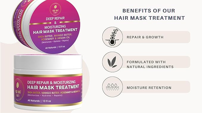 Deep Repair Hair Mask - Moisturizing Treatment with Shea Butter, Mango Butter, Argan Oil & Rosemary - Hydrates & Restores Dry, Damaged Hair - 10 fl oz