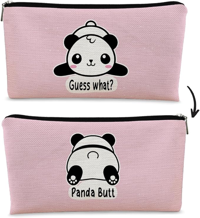 BARPERY Panda Gifts Pink Makeup Bag, Cute Baby Panda Guess What It's Pug Butt Cosmetic Bag, Travel Toiletry Bag for Daughter, Canvas Zipper Pouch