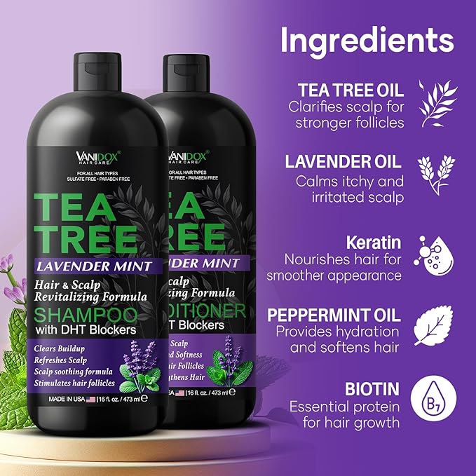 Vanidox Tea Tree Shampoo and Conditioner Set with Lavender and Mint | DHT Blockers | With 100% Pure Tea Tree Oil for Itchy, Dry Scalp | Sulfate & Paraben Free | For Men & Women | 16 fl oz Each