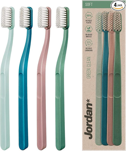 Jordan* ® | Green Clean Manual Toothbrush | Sustainable, Scandinavian Design, Soft Bristles, Mixed Colors | 4 Units