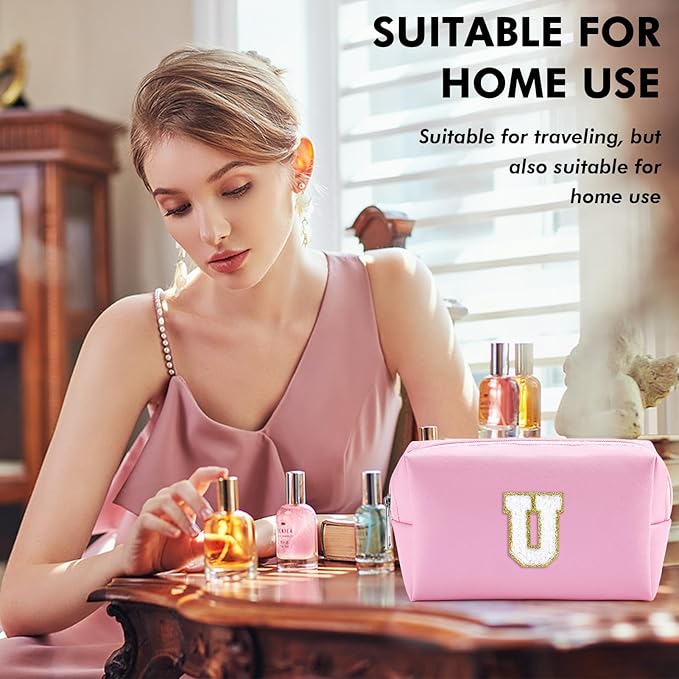 URSKYTOUS Initial Makeup Bag Personalized Preppy Travel Small Cosmetic Bag Cute PU Pink Chenille Letter Makeup Pouch for Purse Waterproof Zippered Toiletry Organizer for Women Girls Kids Friends(U)