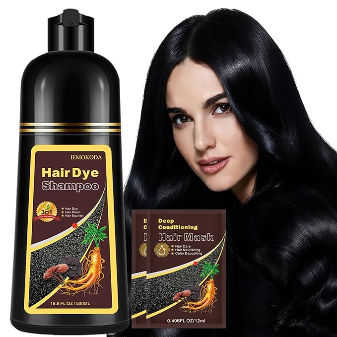 Instant Black Hair Dye Shampoo for 100% Gray Hair Coverage, Natural Herbal Hair Color Shampoo Hair Dye, 3 in 1 Coloring & Care Formula Lasts 3-4 Weeks, Easy & Quick to Use for Women Men, 500ML