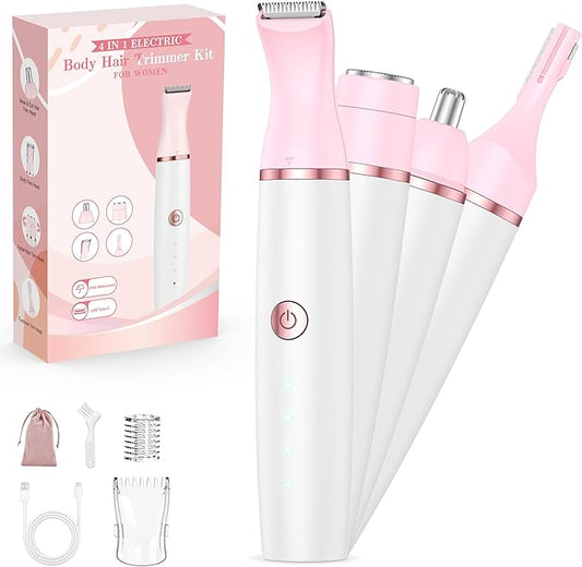 Bikini Trimmer Women & Body Shaver - 4-in-1 Painless Pubic Hair Remover for Sensitive Skin, Rechargeable & IPX7 Waterproof for Wet & Dry Use, for Face/Eyebrows/Nose/Underarms/Legs