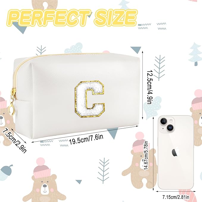 URSKYTOUS Gifts for Girls Initial Makeup Bag Personalized Cosmetic Bag with Zipper Cute Travel Toiletry Bags Waterproof PU Preppy Makeup Pouch Birthday Gift for Teen Girls Women(White C)