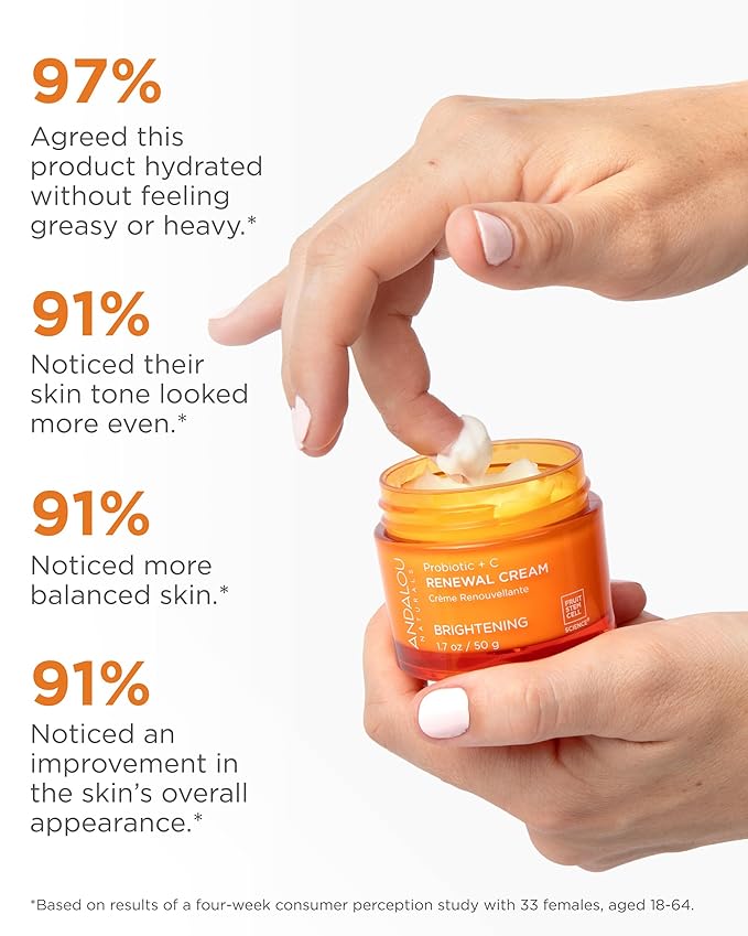 Andalou Naturals Probiotic + Vitamin C Renewal Cream - Complexion Enhancing Hydrating Face Moisturizer - Helps Promote Firmer Skin & More Even Tone - Lightweight, Non-Greasy Formula - 1.7 Oz