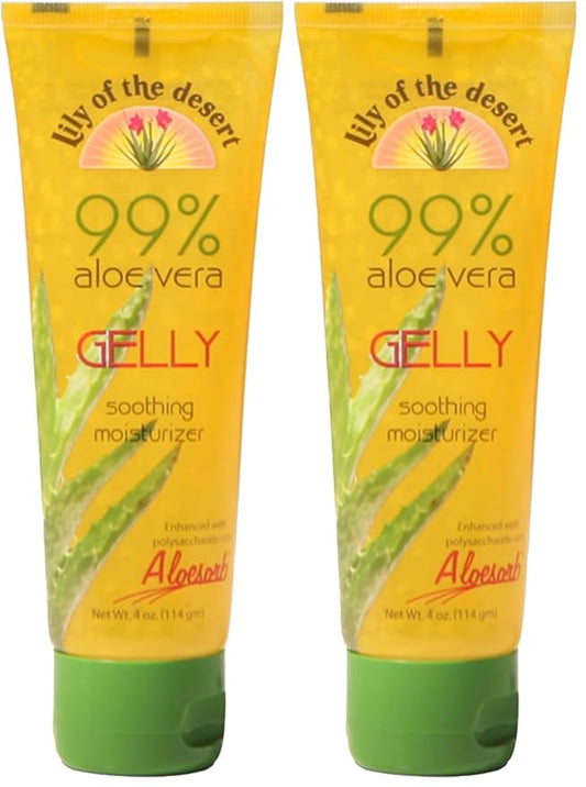 Lily Of The Desert Gelly Moisturizer - 99% Organic Aloe Vera Gel for Skin, After Sun Care with Aloe, Vitamin E Oil, and Vitamin C for Sunburn Relief, 4 Fl Oz (Pack of 2)