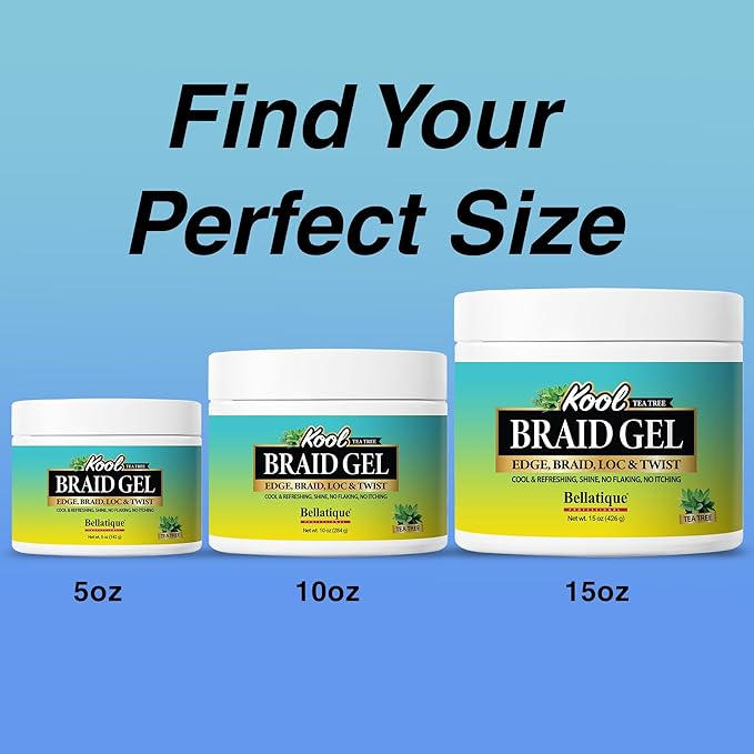 BELLATIQUE KOOL Braiding Gel Maximum Hold for LOC & Twist - No Flaking, No Whitening, Fast Drying, High Shine, Cool & Refreshing, Long Lasting Hold (5 oz)