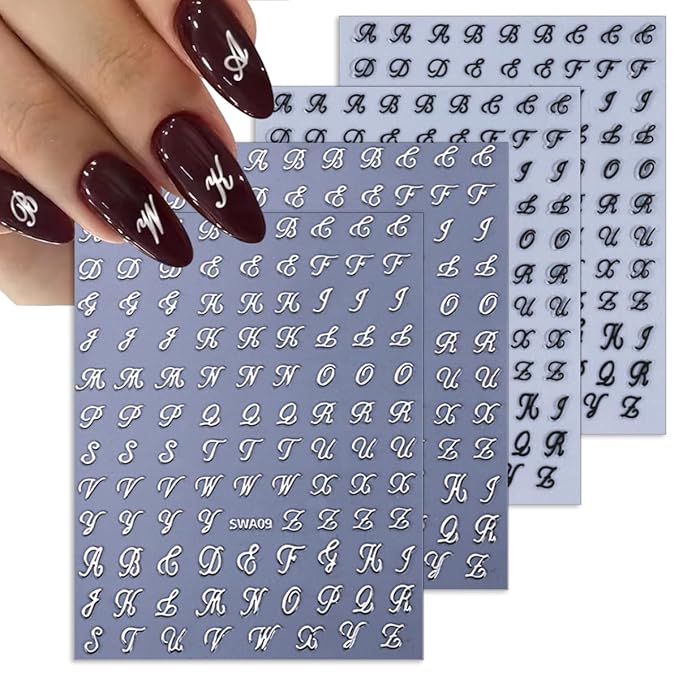 8 Sheets Retro English Nail Stickers Supply 3D Self Adhesive Letters Nail Decals Design White Black Gold Silver Personalized Alphabet Nail Art Stickers for Women DIY Nail Art Manicure Decoration