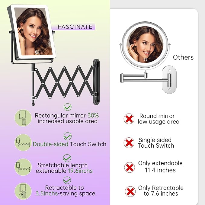 FASCINATE 5000mAh Rechargeable Wall Mounted Makeup Mirror with Lights, 8.7 Inch Double Sided Touch Switch 1X 30X Magnifying Bathroom Mirror, 3 Color Lights, Extended Arm 360°Rotation (Black)