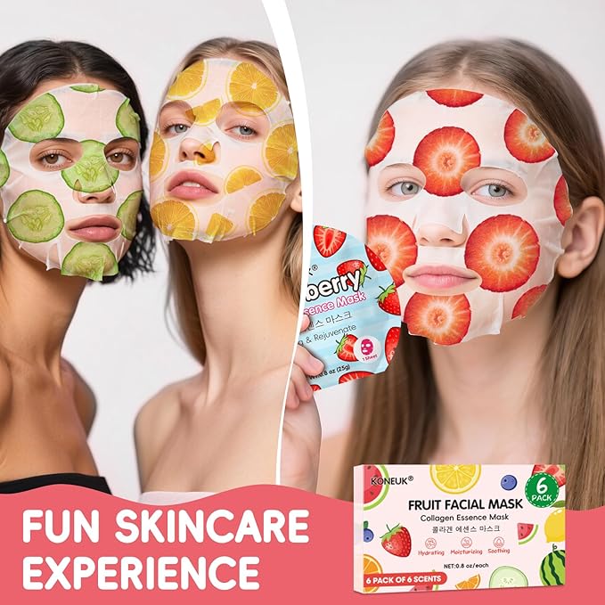 KONEUK 6 Pack Colorful Fruit Face Masks Skincare, Sheet Hydrating Face Mask, Collagen Facial Mask for Skin Care, Valentines Day Gifts for Her, Bulk Mothers Day Gifts and Spa Party Gifts